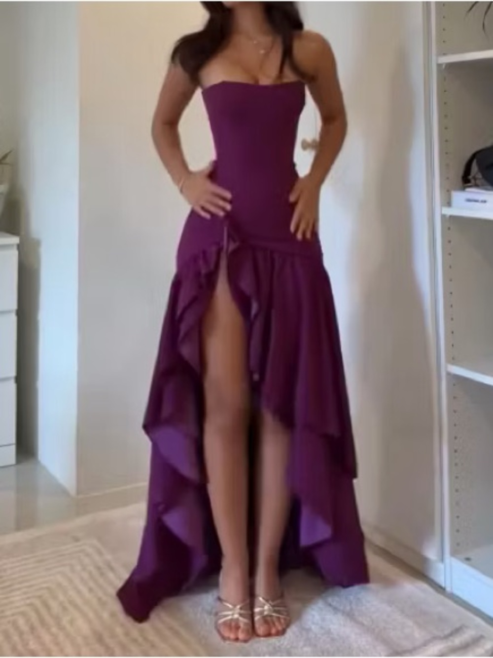 Okdais Chic Purple Straight Across Sleeveless Pleated Split Dress Size 6 US
